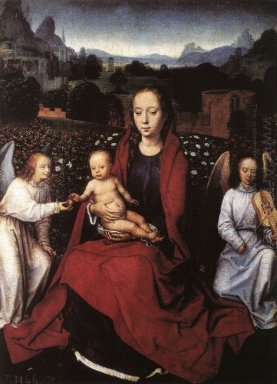 Vierge et enfant dans une roseraie avec deux anges