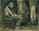 Agriculteur Assis au coin du feu et de lecture 1881