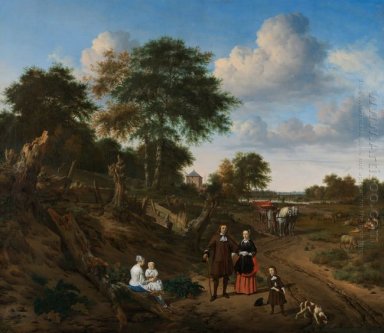 Portrait of a couple with two children and a nursemaid in a land
