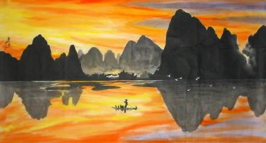 På kvällen, fiske bonde - kinesisk målning