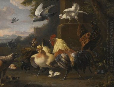 Un\'aquila, un Cockerell, galline, un piccione in volo e altri uc