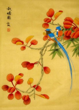 Birds & feuilles rouges - peinture chinoise