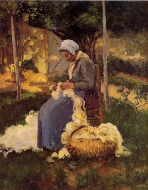 Vrouwelijke boer wol kaarden 1875