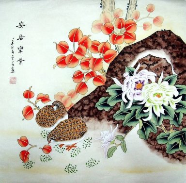 Birds & feuilles rouges - peinture chinoise