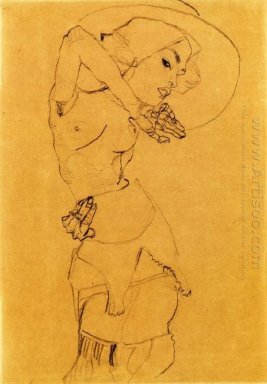 stående naken med stor hatt gertrude schiele 1910