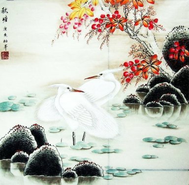 Crane & feuilles rouges - peinture chinoise