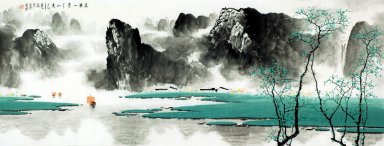 Montanhas, água, árvores - pintura chinesa