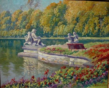 Lago e jardins com Statuary Paisagem