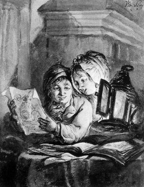 Boy and girl looking at drawings