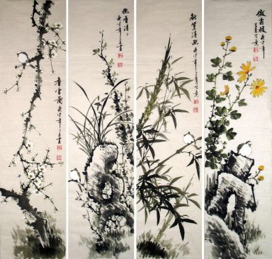 Birds & Flowers - (quatro telas) - Pintura Chinesa