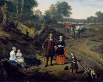 Ritratto di una coppia con due figli e una balia in una terra