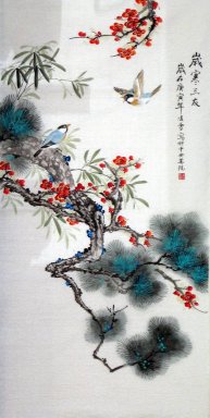 Birds & Plum & Pine & Bamboo - Pintura Chinesa