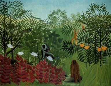 Tropisk skog med apor och Snake 1910