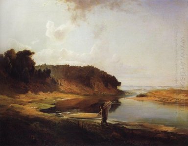 пейзаж с рекой и рыболов 1859