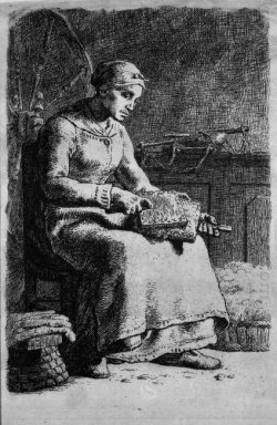 Femme carder la laine