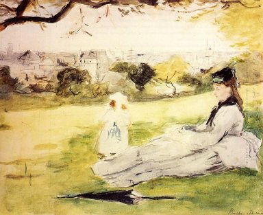 Mulher e criança sentada em um prado