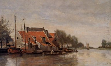 Nära Rotterdam Små Hus på stranden av en kanal 1854
