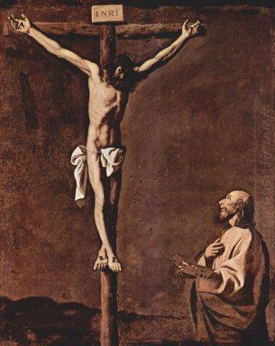 St Luke som målare innan Kristus på korset