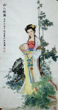 Belle dame, tenir une peinture fan-chinois