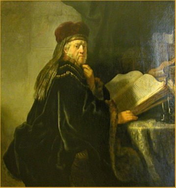 Un chercheur assis à une table avec des livres 1634