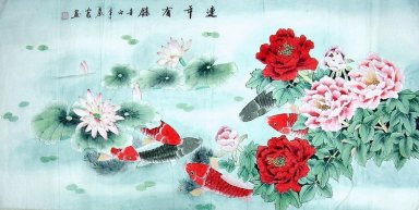 Ikan - Peony - Lukisan Cina