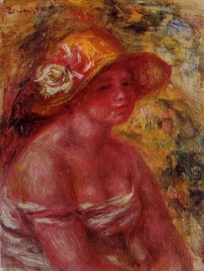Byst av en ung flicka klädd i en Straw Hat 1917