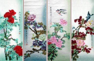 Vogels& Bloemen-Four InOnee - Chinees schilderij