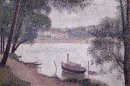 Paisaje del río con un bote de 1884