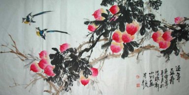 Peach & Birds - Chinesische Malerei