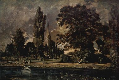 die Ansicht der Kathedrale von Salisbury vom Fluss mit dem Haus