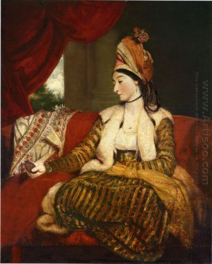 Porträt von Frau Baldwin Ganzkörperansicht sitzend auf einem rot