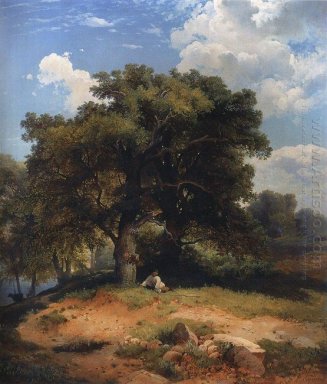 Landschap met eikenbomen en shepherd