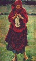 Peasant Girl Knitting ein Strumpf