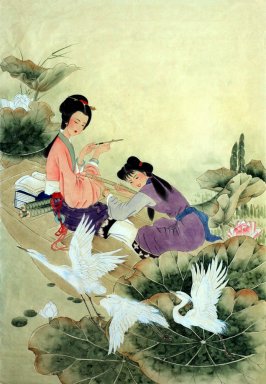 Красивая дама, Lotus - китайской живописи