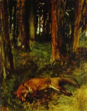 död räv som ligger i undervegetationen 1865