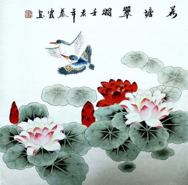 Lotus et oiseaux - peinture chinoise