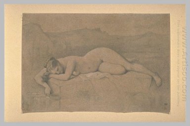 Naken kvinna liggande på en sten