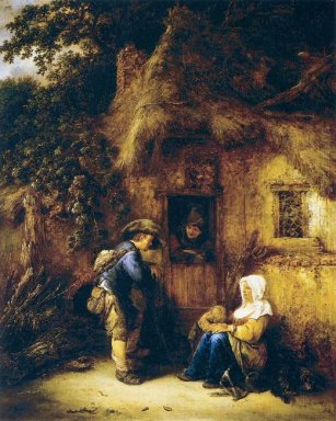 Reisenden in einem Cottage Tür