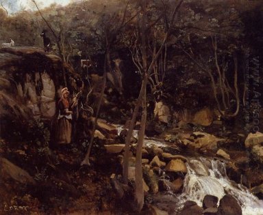 Lormes Ein Wasserfall mit stehenden Bauern Spinning Wool 1842