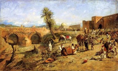 Ankomsten av en husvagn utanför staden Marocko