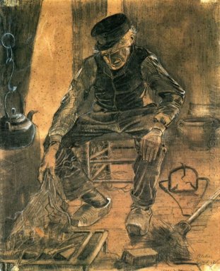 Un Viejo Hombre que pone Arroz seco en el hogar 1881