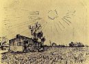 Fält med hus under en himmel med sol Disk 1888