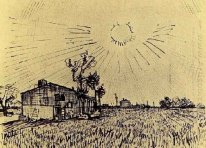 Field With Houses Under A Sky With Sun Disk 1888