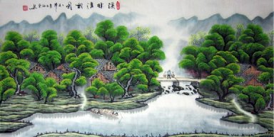Rive, Pont, village - Peinture chinoise