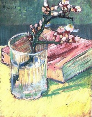 Blommande Almond Branch i ett glas med en bok 1888