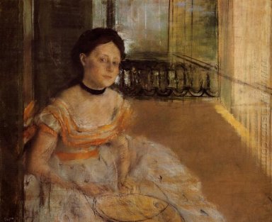 Frau auf einem Balkon sitzend 1872