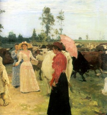 Молодые Ladys Walk Among стадо коров 1896