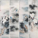 Crane & Pine (quatre écrans) - peinture chinoise