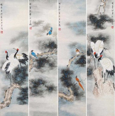 Crane & Pine (quatre écrans) - peinture chinoise