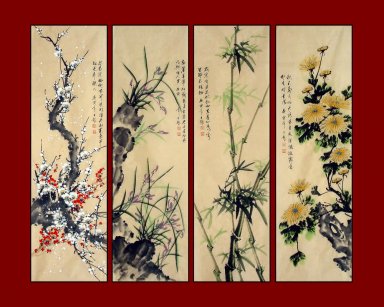 Pruim,Orchid,Bamboe, Chrysanthemum-Four InOne-- Chinees schilder